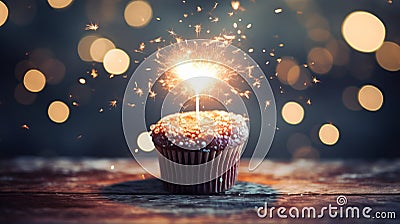 Delicious single chocolate cupcake with sparkler and hearts bokeh on enchanting magical background Stock Photo