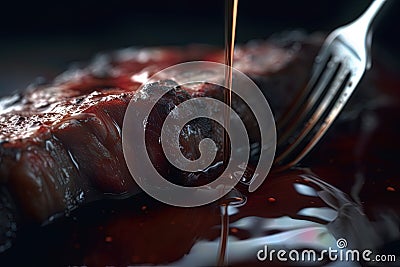 delicious single rib with a fork with melted soy sauce Stock Photo