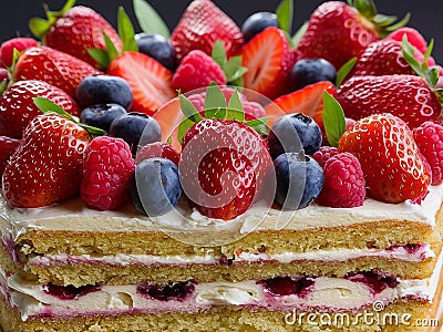 Delicious Slice of Berry Sponge Cake with Creamy Topping. Slice of gourmet fresh berry cake Stock Photo