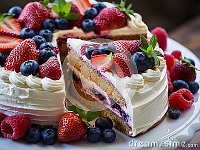Delicious Slice of Berry Sponge Cake with Creamy Topping. Slice of gourmet fresh berry cake Stock Photo