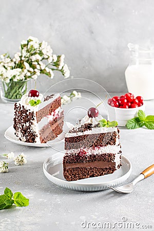 A delicious slice of Black Forrest Cake. On a plate and ready to eat Stock Photo