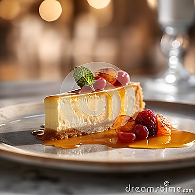 Delicious slice of cheese cake on plate Stock Photo