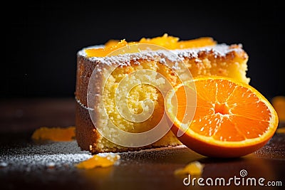 Delicious slice of orange cake on dark background Stock Photo