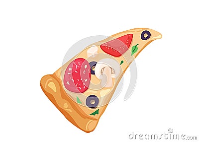 Delicious slice of pizza with cheese, olives, mushrooms, tomato, salami isolated on white background. I choose sweet Vector Illustration