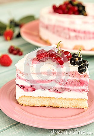 Delicious slice of three fruit layers ice cream cake Stock Photo