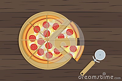 Delicious sliced pepperoni pizza and knife on wooden table top view Vector Illustration