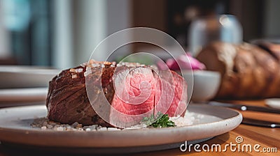 Delicious sliced roast beef on a white plate. AI Generated Stock Photo