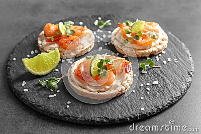 Delicious small sandwiches with shrimps Stock Photo