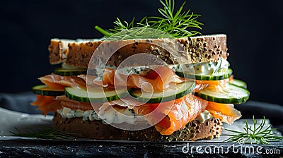 Delicious Smoked Salmon Sandwich with Cucumber and Dill Stock Photo