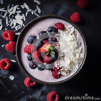 Delicious Smoothie Bowl with Berries and Dried Coconut. Generative AI Stock Photo