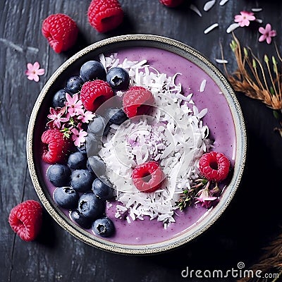 Delicious Smoothie Bowl with Berries and Dried Coconut. Generative AI Stock Photo