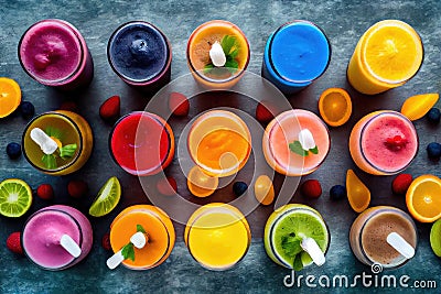 Delicious smoothie garnished with fresh berries in glasses top view. Generative Ai Stock Photo