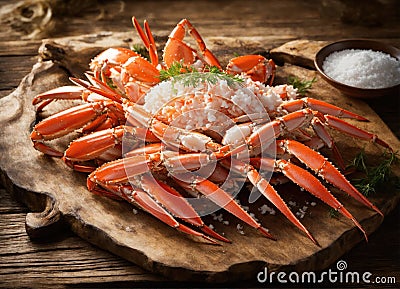 Delicious snow crab leg clusters on wooden table Stock Photo