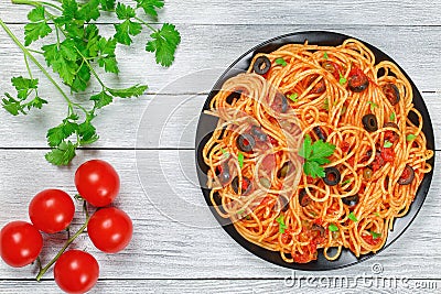 Delicious Spaghetti alla puttanesca with capers Stock Photo