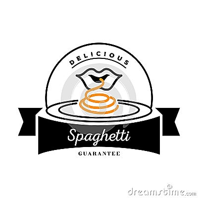Delicious spaghetti logo with mouth eat noodle on dish Vector Illustration