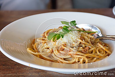 Delicious spaghetti with meat on white plate Stock Photo