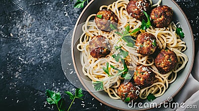 Delicious Spaghetti with Meatballs and Parmesan on Dark Background Stock Photo
