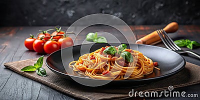 Delicious spaghetti served on a black plate on the table AI-Generated Content Stock Photo