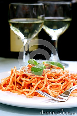 Delicious spaghetti with wine Stock Photo