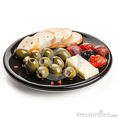 Delicious Spanish Tapas with Olives and Cheese on a Plate. Stock Photo