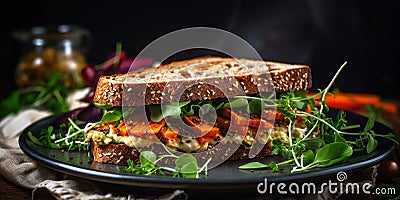 Delicious spicy sandwich of whole grain bread with fried carrots 2 Stock Photo
