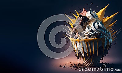 Delicious splash ice cream cone design with exploding and liquify chocolate pieces. Isolated sundae with space for text Stock Photo