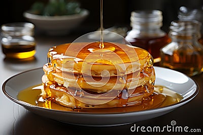 Delicious stack pancakes with honey, morning desert Stock Photo