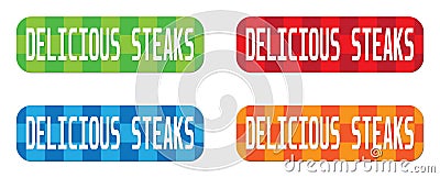 DELICIOUS STEAKS text, on rectangle, zig zag pattern stamp sign. Stock Photo