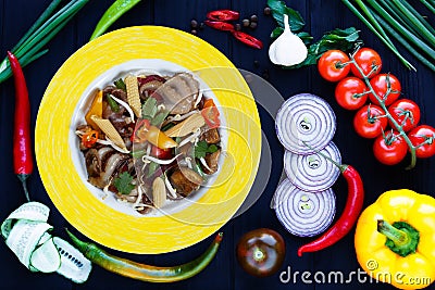 Delicious stir-fry vegetables mix with soybean sprouts, corn and Stock Photo