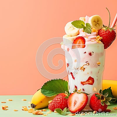 Delicious strawberry banana yoghurt ice on green table Stock Photo