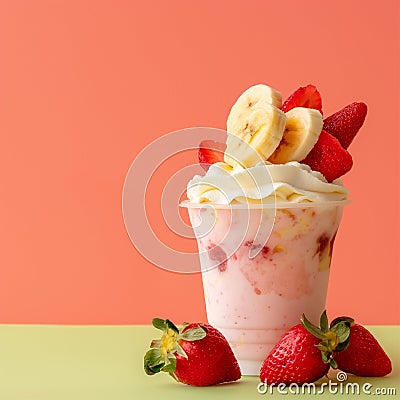 Delicious strawberry banana yoghurt ice on green table Stock Photo