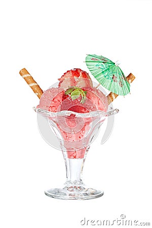 Delicious strawberry ice cream with umbrella Stock Photo