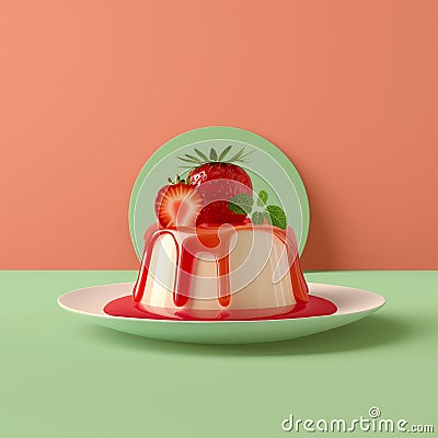 Delicious strawberry pudding on a green table with an empty peach background Stock Photo