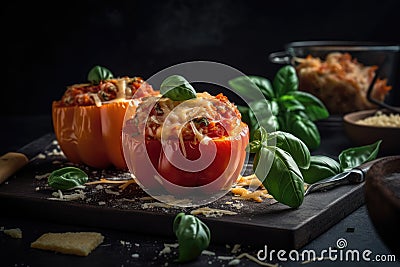 Delicious Stuffed Peppers with Cheese and Basil on a Table. Perfect for Recipe Books and Food Blogs. Stock Photo