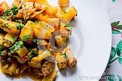 Delicious, summer appetizing stew of vegetables and meat. A fragrant and hot hearty dish. Different interesting tastes. Stock Photo