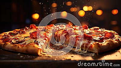 Delicious Supreme Pizza Slice Being Lifted AI Generated Cartoon Illustration