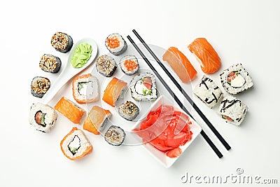 Delicious sushi rolls on white background. Japanese food Stock Photo