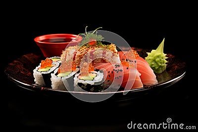Delicious sushi served on red plate with soy sauce. Generate Ai Stock Photo