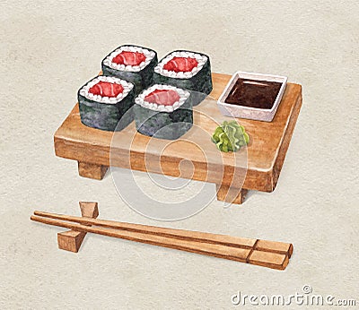 Delicious sushi, watercolor illustration Cartoon Illustration