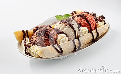 Delicious sweet banana split in bowl Stock Photo