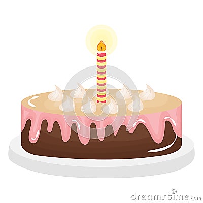 Delicious sweet cake with one candle Vector Illustration