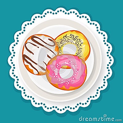 Delicious sweet donuts in glaze on plate with wavy edge Vector Illustration