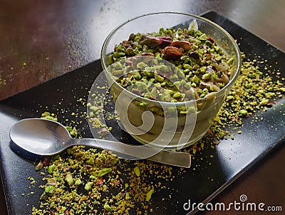 Delicious sweet italian pistachio tiramisu served Stock Photo