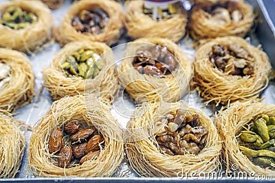 Delicious sweet pastry baklava sold on market in Agadir, Morocco Stock Photo