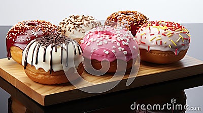 Delicious sweet round donuts in chocolate and powdered sugar glaze Stock Photo