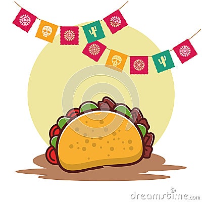 Delicious taco mexican food with party garlands Vector Illustration