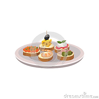 Delicious tapas with different ingredients. Traditional Spanish snacks on plate. Flat vector for advertising poster Vector Illustration