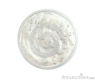 Delicious tartar sauce in bowl on white, top view Stock Photo