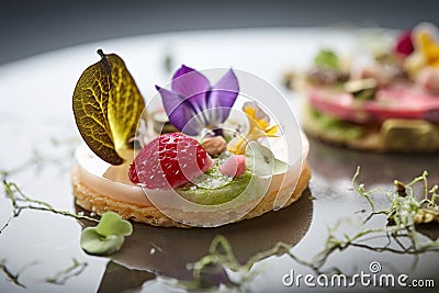 Delicious tartlet with fresh berries and edible flowers on a plate. Generative AI Stock Photo