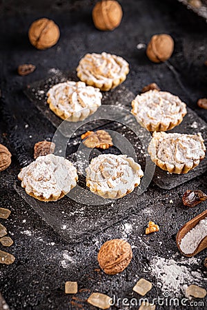 Delicious tartlets filled with walnut cream Stock Photo